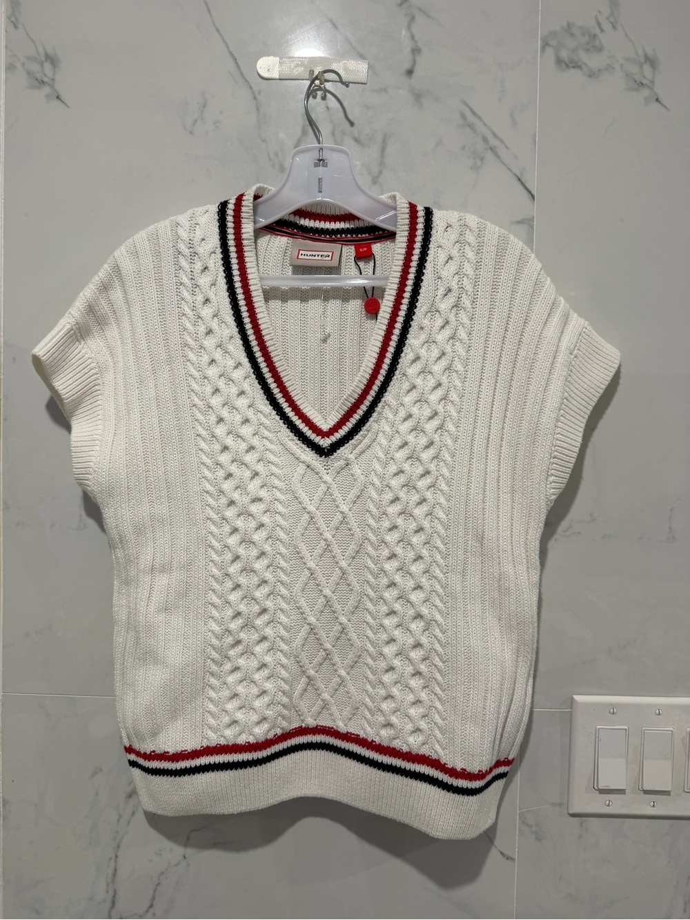 Hunter White Cable-Knit V-Neck Sweater Vest with Red & Black Trim